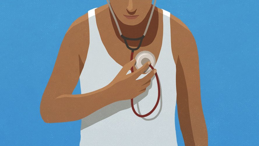 person wearing a white tank top putting a stethoscope on their oen heart: increase trust in healthcare providers