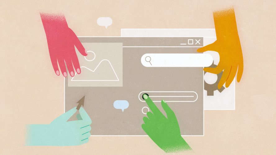 four different colored hands collaborating on an interface: hire UX designers