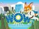 Salesforce character Brandy flying over a city scene above the word WOW in lights.