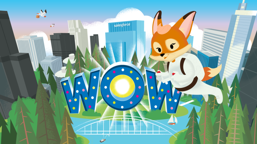 Salesforce character Brandy flying over a city scene above the word WOW in lights.