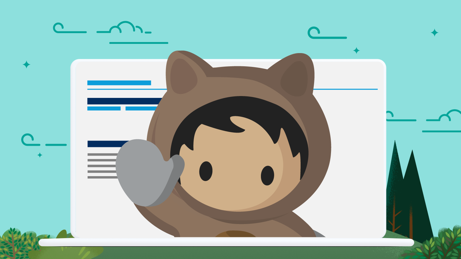 Astro waving you into a laptop to continue your learning journey with Trailhead.