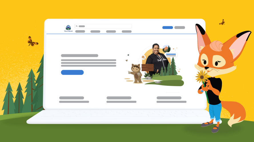 Salesforce character, Brandy, stood next to a representation of the marketer career path landing page on Trailhead.