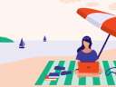 Illustration of a woman working on a beach, sitting with her laptop on her beach towel and a red and white umbrella. / CRM analytics summer release