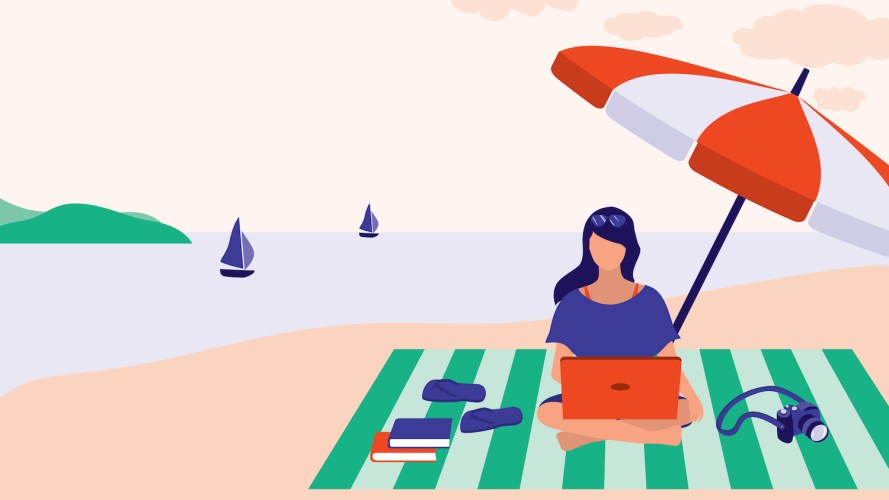 Illustration of a woman working on a beach, sitting with her laptop on her beach towel and a red and white umbrella. / CRM analytics summer release