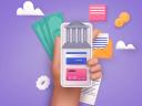 Illustration on a purple background of a person holding up a mobile phone, with apps for banking and other financial services / financial services trends