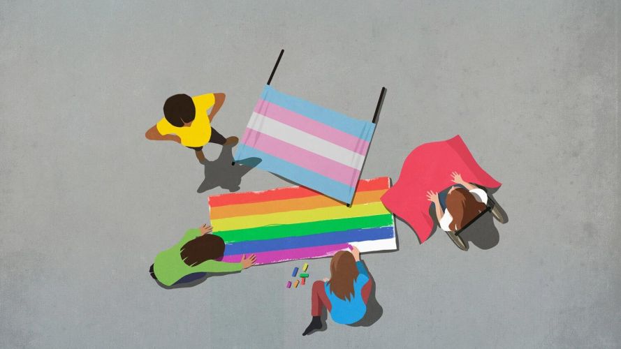 Overhead view of 4 individuals painting LGBTQ+ and transgender flags: gender inclusive benefits