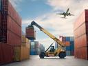Shipping containers getting moved while a plane flies by above, a nod to the state of commerce today.