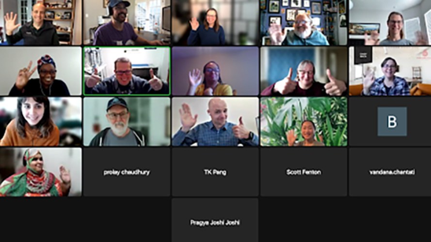 Screenshot of people waving during a virtual meeting
