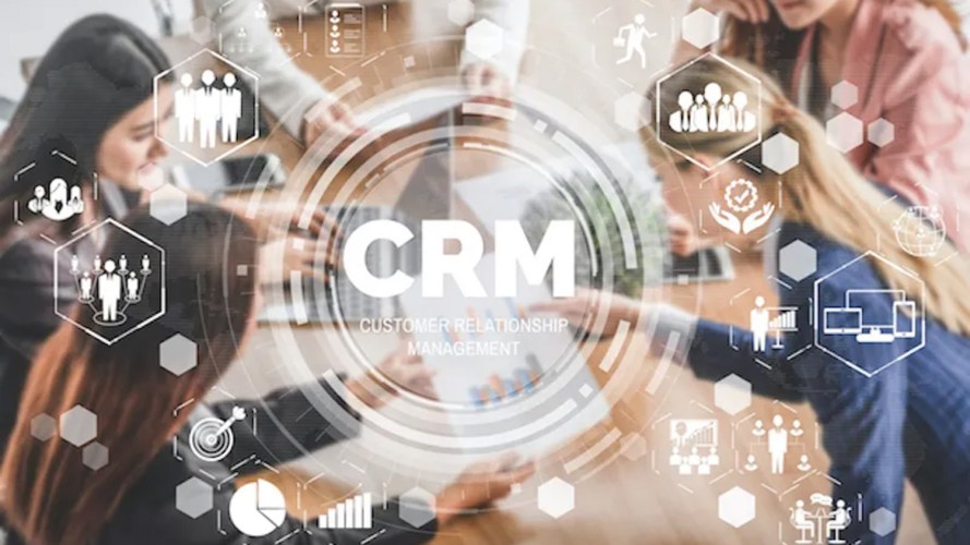 An abstract image of CRM and connected icons around the word CRM.