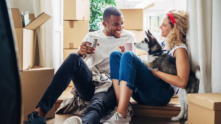 A couple and their dog sit in a new residence surrounded by moving boxes. Insurtech may help them with insurance.