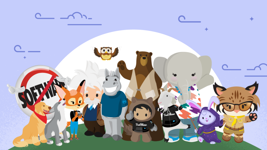 Group of all the Salesforce characters standing on a green hill against a purple background