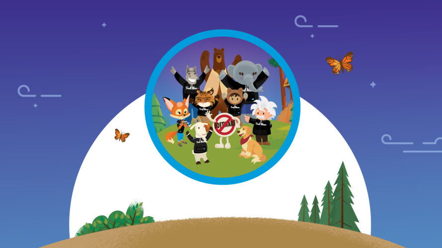 The Dream Quest ’22 Trailhead community badge with all the characters wearing their black Trailblazer hoodies.