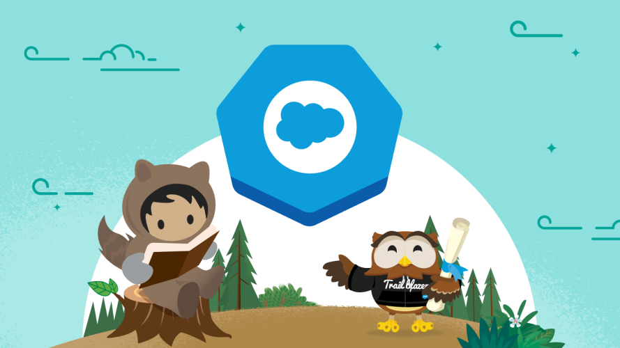 Astro reading and Hootie holding a certification in a forest scene below the Salesforce Certified Associate logo.