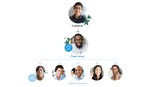 A pyramid graphic of the swarming support model, with the customer on top, followed by the case owner, and down to five different service experts.