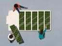 An illustration showing energy prosumers placing solar panels on a battery-shaped background