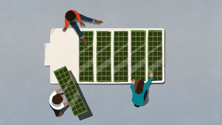 An illustration showing energy prosumers placing solar panels on a battery-shaped background