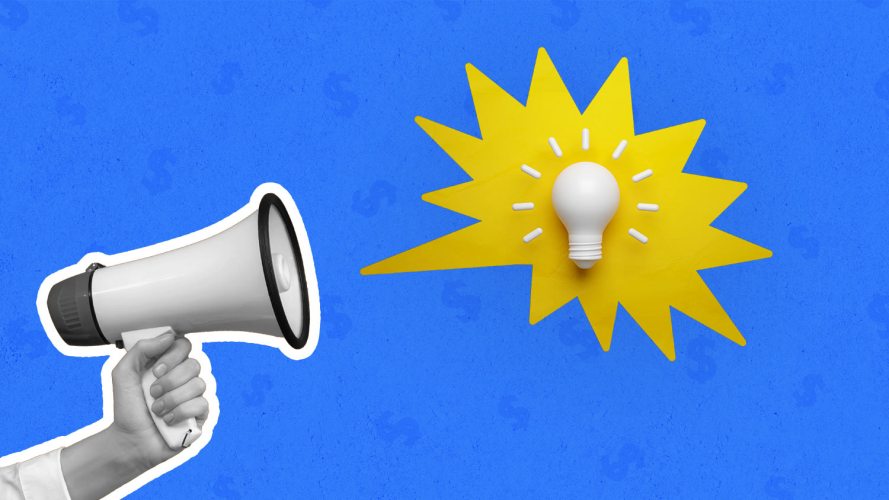 Bright ideas, as shown by a light bulb, are emitting from a handheld bullhorn: close the fiscal year