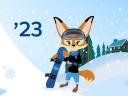 Brandy the Fox gets ready to hit the slopes, telling people about Salesforce’s CRM Analytics Winter 2023 release.