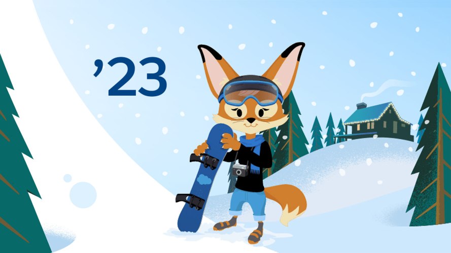 Brandy the Fox gets ready to hit the slopes, telling people about Salesforce’s CRM Analytics Winter 2023 release.