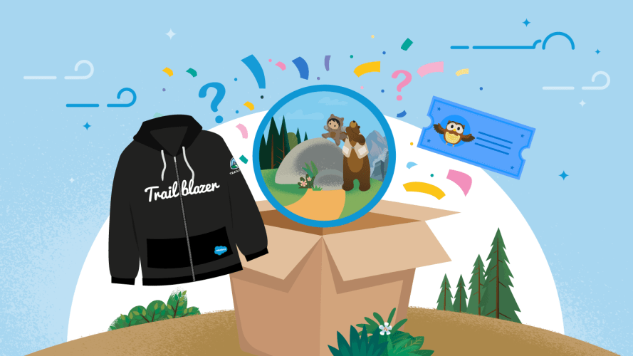 Open box with Seize the Trail prizes the virtual community badge, Trailblazer hoodie, and a Salesforce Certification Voucher popping out surrounded by confetti
