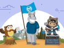 Hootie the owl, Max the Mule, and Data Rockstar Astro celebrating their certifications.