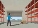 Man in blue shirt looking up at empty shelves in a warehouse, considering better supply chain management.