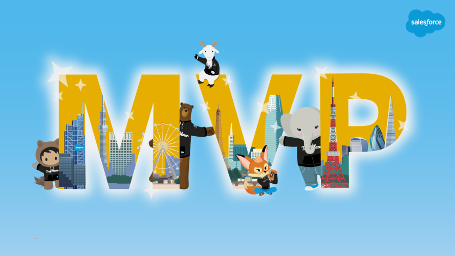 MVP is written out with Trailhead characters Astro, Codey, Cloudy, Brandy, and Ruth wearing Trailblazer hoodies and peeking around the letters.