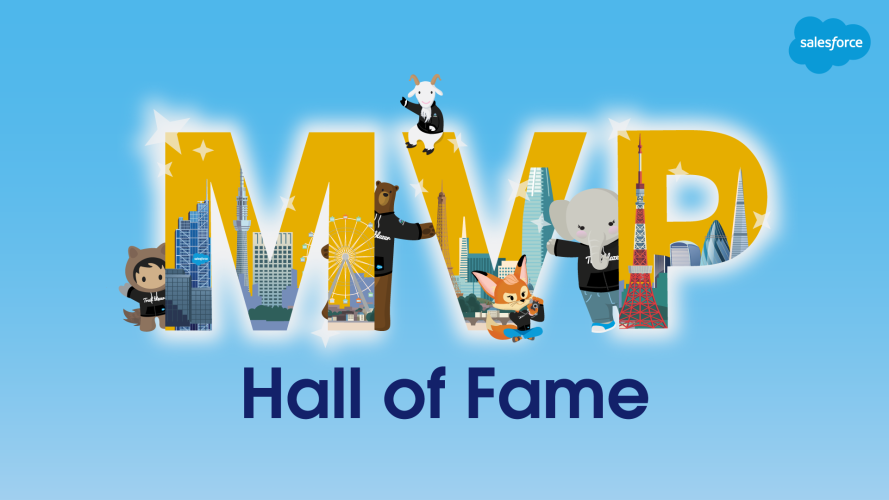 “MVP Hall of Fame” is written out with Trailhead characters Astro, Codey, Cloudy, Brandy, and Ruth wearing Trailblazer hoodies and peeking around the letters “MVP.”