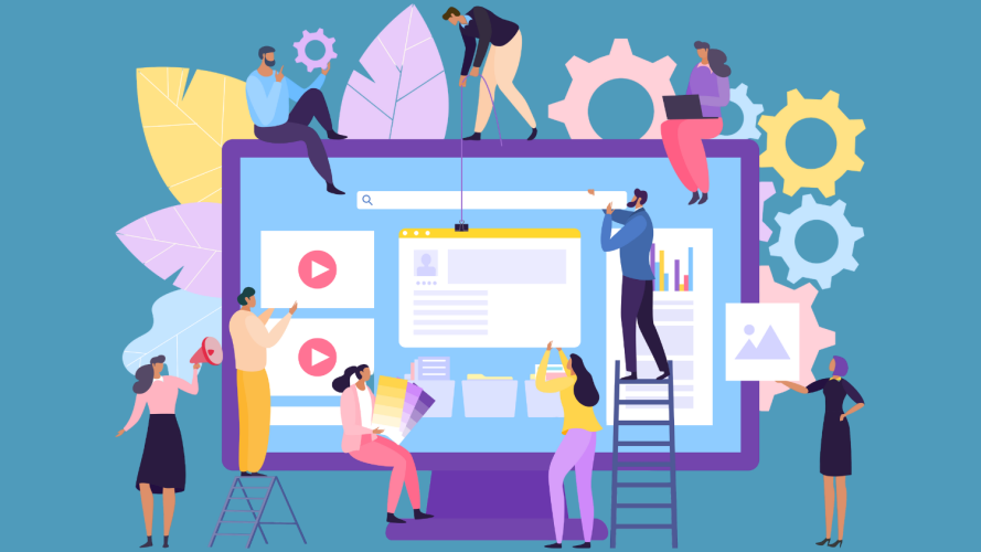 Pastel illustration of diverse people surrounding a giant computer monitor, representing "team work."