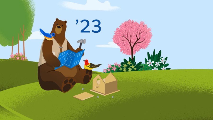 Salesforce character Codey the Bear working on building a birdhouse / 'Spring 23 release