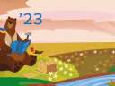 Salesforce character Codey the Bear working on building a birdhouse while sitting on a hill by a river / CRM Analytics spring release