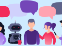 Colorful illustration of several people and a robot with speech bubbles above their heads.