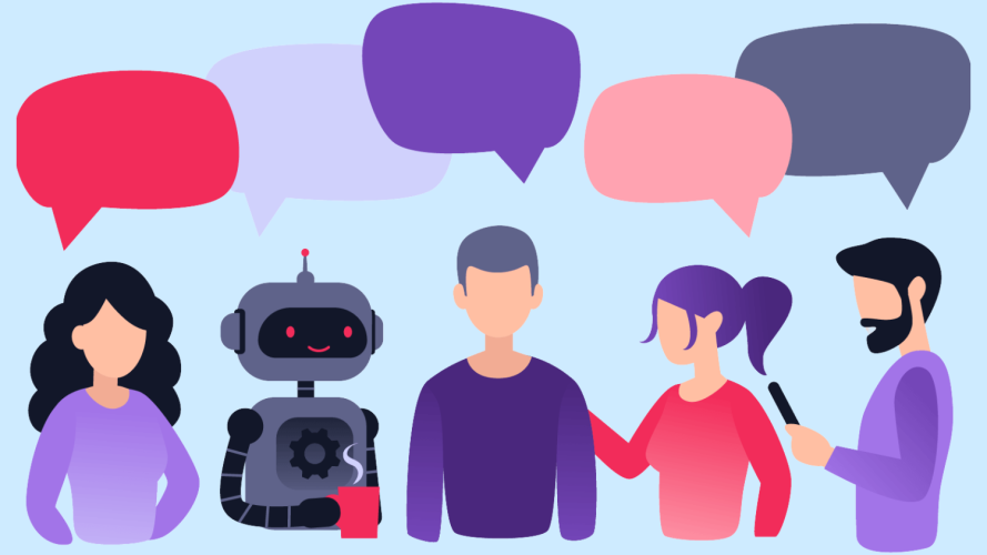 Colorful illustration of several people and a robot with speech bubbles above their heads.
