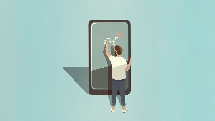An illustration of a person touching an oversized image of a shopping cart on an oversized smartphone: ecommerce trends 2023