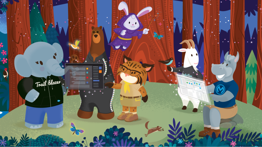 Salesforce characters collaborating together in the Trailblazer Forest.