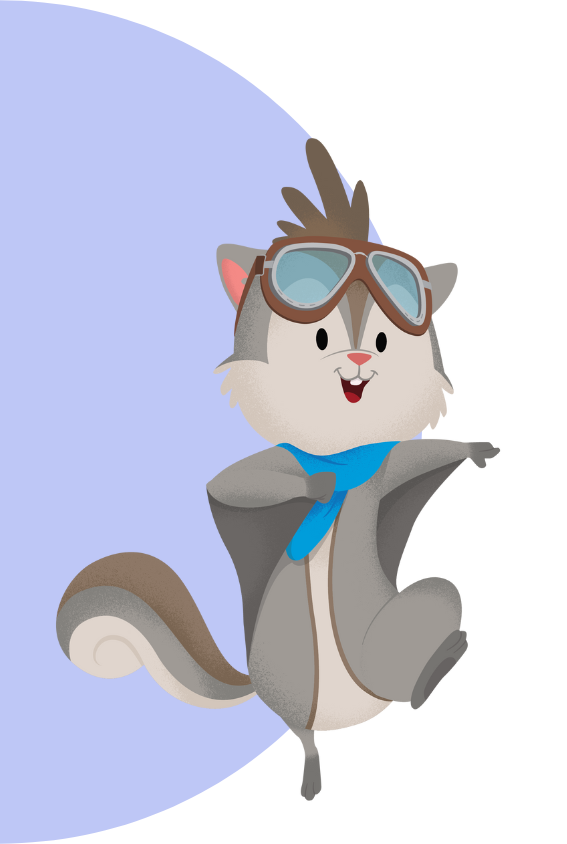 Flo the flying squirrel character illustration. Flo wears a cape and old-fashioned aviator goggles on her forehead.