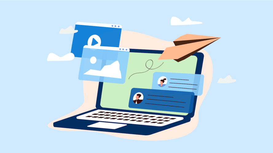 Iconos de productividad como correo electrónico y chat sobre una ilustración de un ordenador portátil con fondo azul