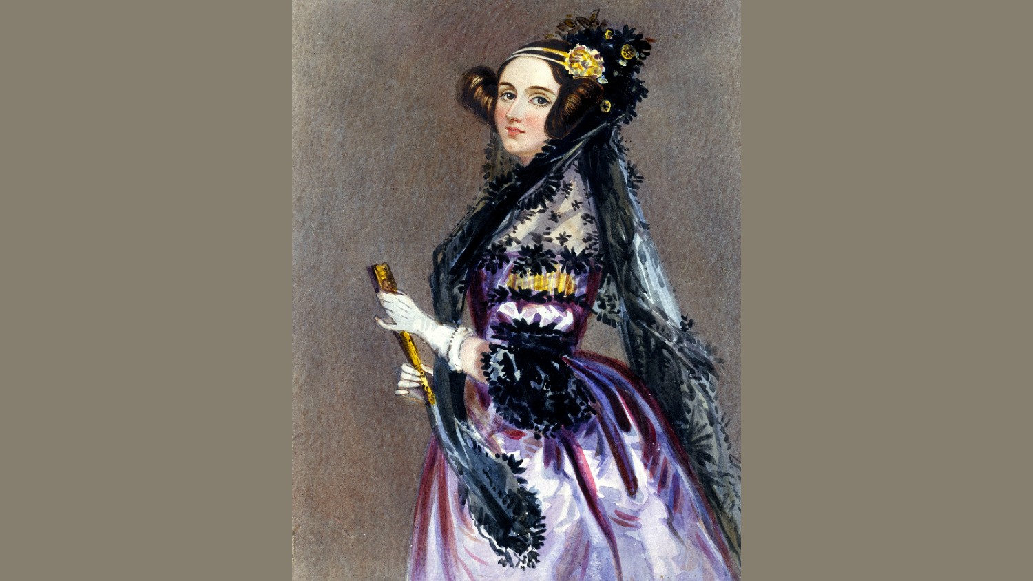 Watercolor portrait of Ada Lovelace wearing evening dress with a mantilla and holding a fan.