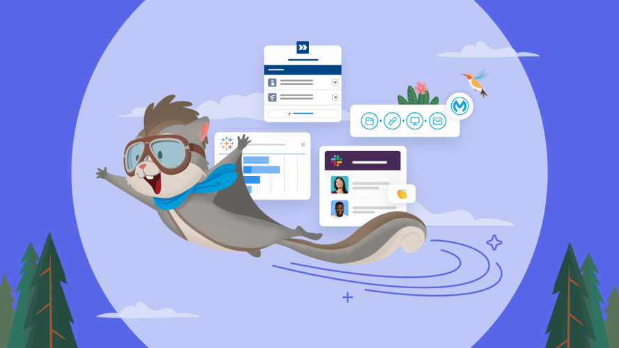 Flo, the Salesforce workflow character, is a flying squirrel with a blue scarf. He’s flying in front of screenshots of Salesforce products.