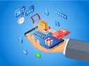 Illustration of a businessperson holding a smartphone against a blue background, with icons of shopping and shopping apps in the air / Marketing Cloud features spring release