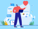 To represent Field Service workers: Illustration of man gripping a laptop in one hand and a large red heart floating above his other outstretched arm. Background includes floating tiles representing data, calendar, email, text.
