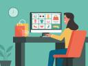A person sits at a desk and views consumer products on an ecommerce website: illustration of a headless website.
