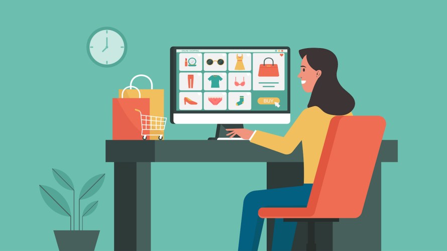 A person sits at a desk and views consumer products on an ecommerce website: illustration of a headless website.