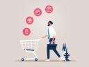 Illustration of a man in suit and tie, shopping while wearing a VR headset / luxury retail trends and Web3