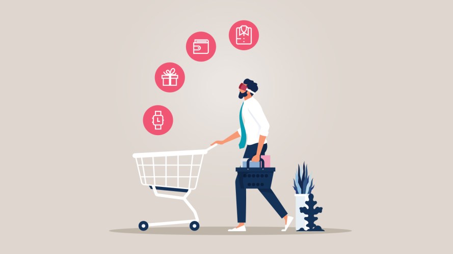 Illustration of a man in suit and tie, shopping while wearing a VR headset / luxury retail trends and Web3