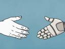 human and robot hands shaking