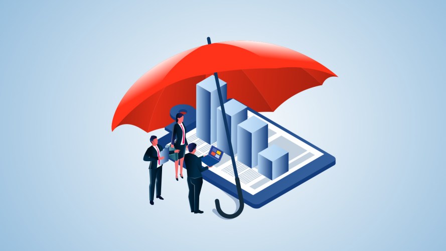 Illustration of office workers looking at a bar graph coming out of a smartphone, protected by a red umbrella / CPRA compliance