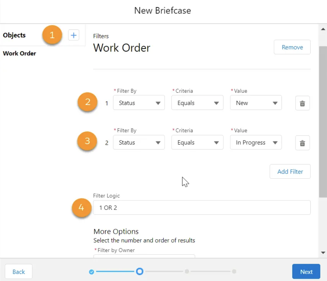 Work order panel that shows four steps for creating a briefcase. Each step contains multiple fields with pick lists. 
