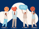 Illustration of four people holding up feedback emojis.