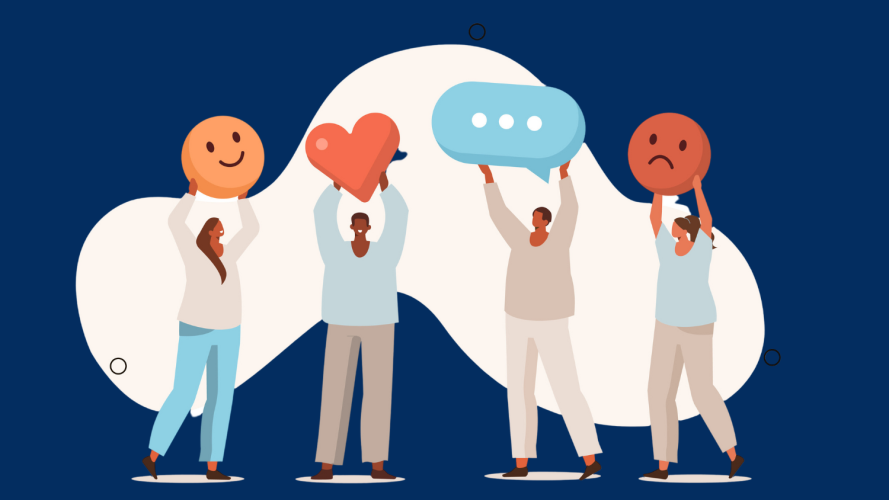 Illustration of four people holding up feedback emojis.